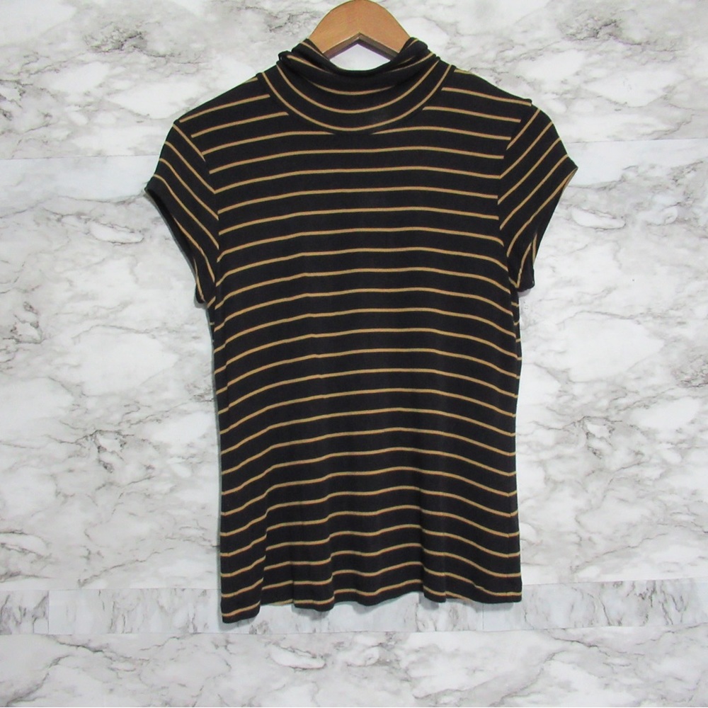 CAbi Black and Tan Striped Short Sleeve Top